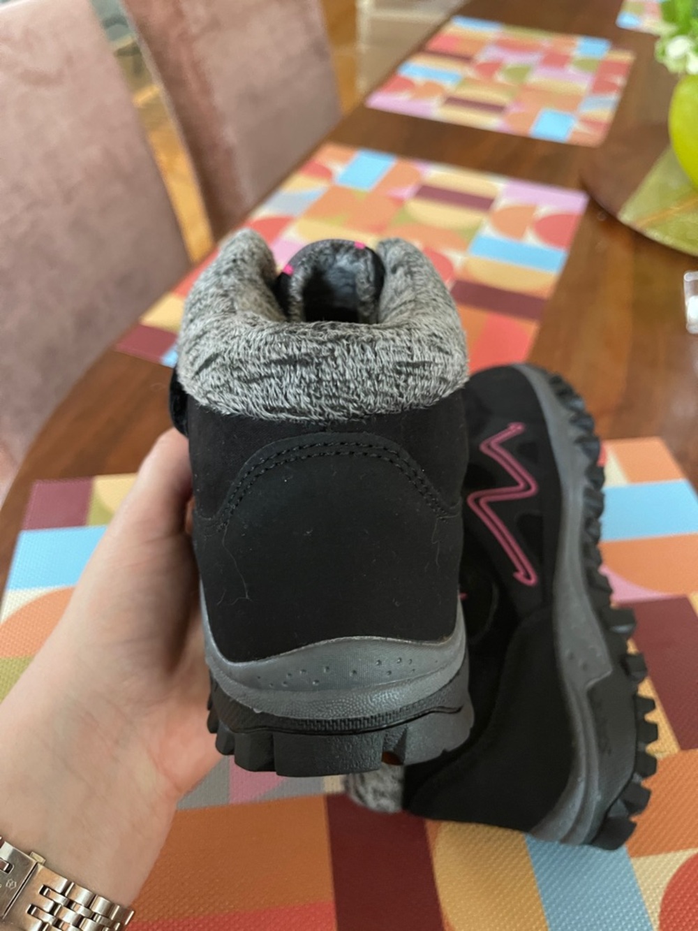 Black + Pink Faux-Fur Lace-Up Hiking Boots - Picture 9 of 10